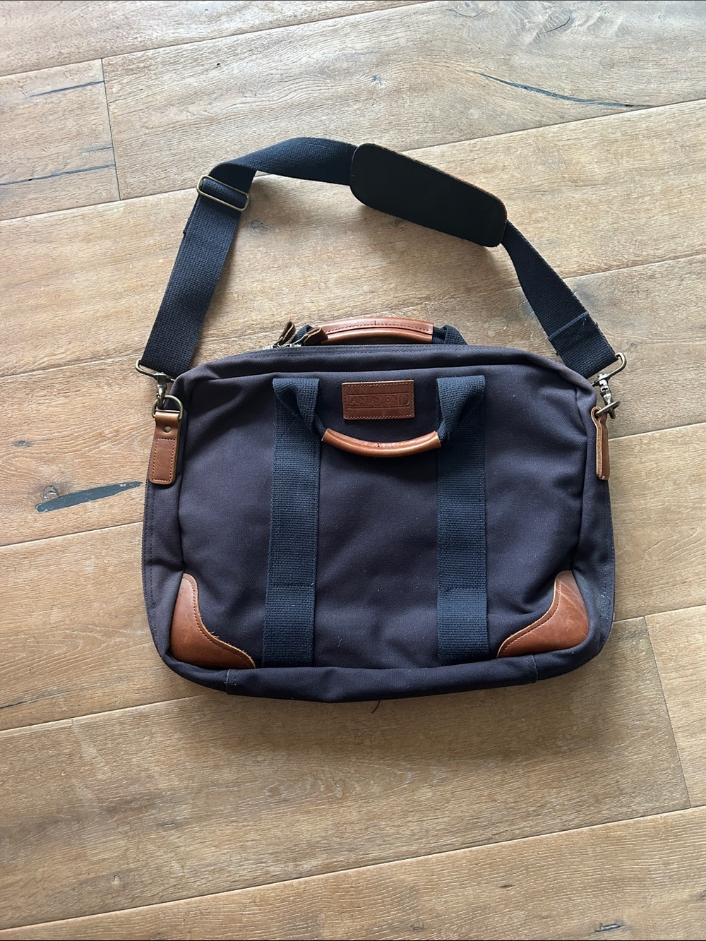 Lands' End Navy and Brown Canvas Laptop Brief with Leather Accents